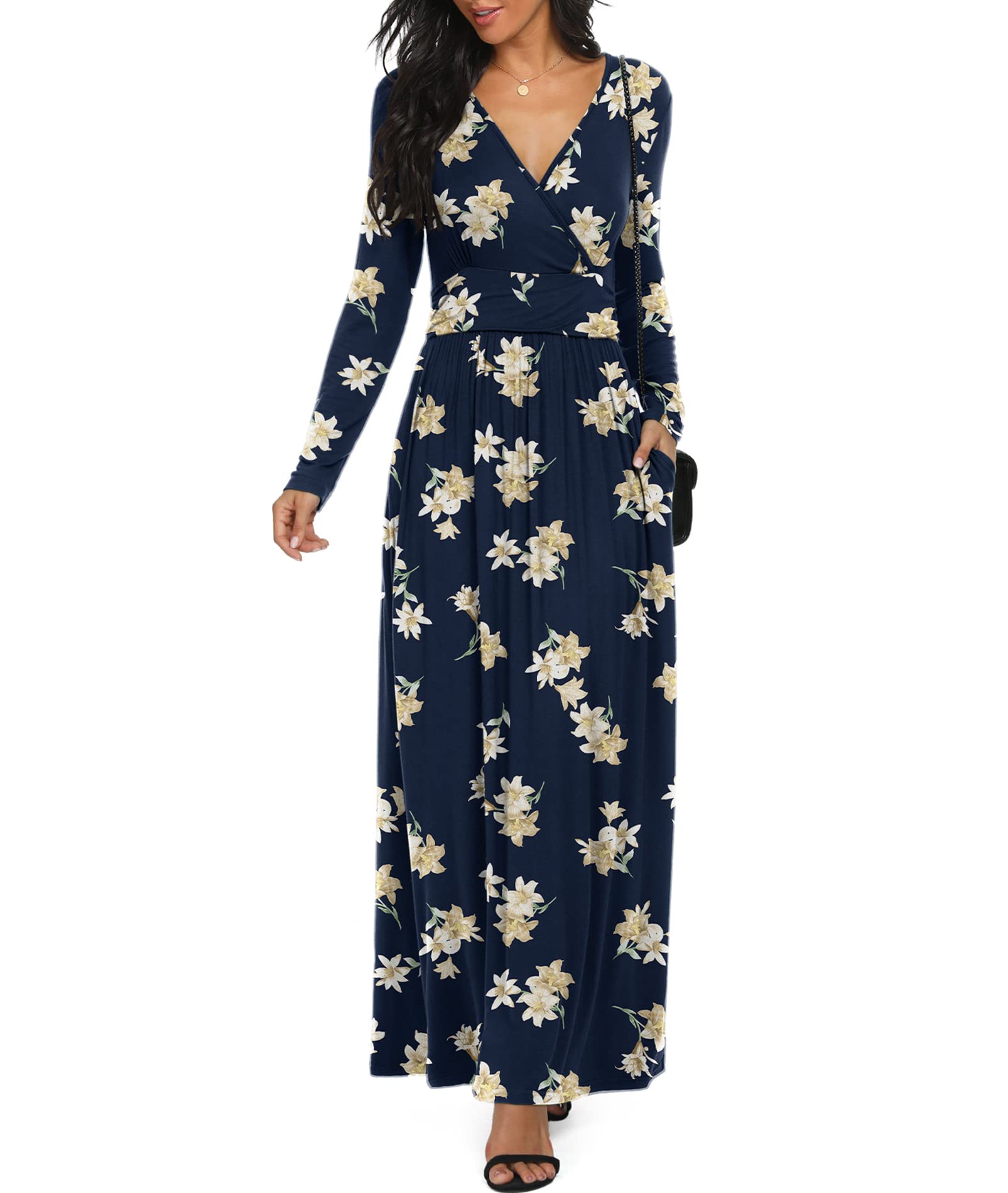 Photo 1 of LILBETTER Women Long Sleeve Deep V Neck Loose Plain Long Maxi Casual Dress(F Navy Blue Lily,Large)