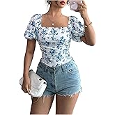 Floerns Women's Floral Print Square Neck T Shirt Puff Sleeve Ruched Summer Dressy Tops