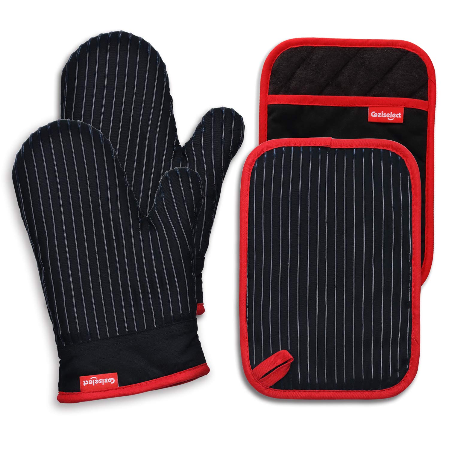 Coziselect Oven Gloves Heat Resistant 480℉, 4 Pack Cotton Double Pot Holders and Oven Mitts with Terrycloth Lining, Non-slip Kitchen Oven Gloves for Cooking Baking Grilling, Black