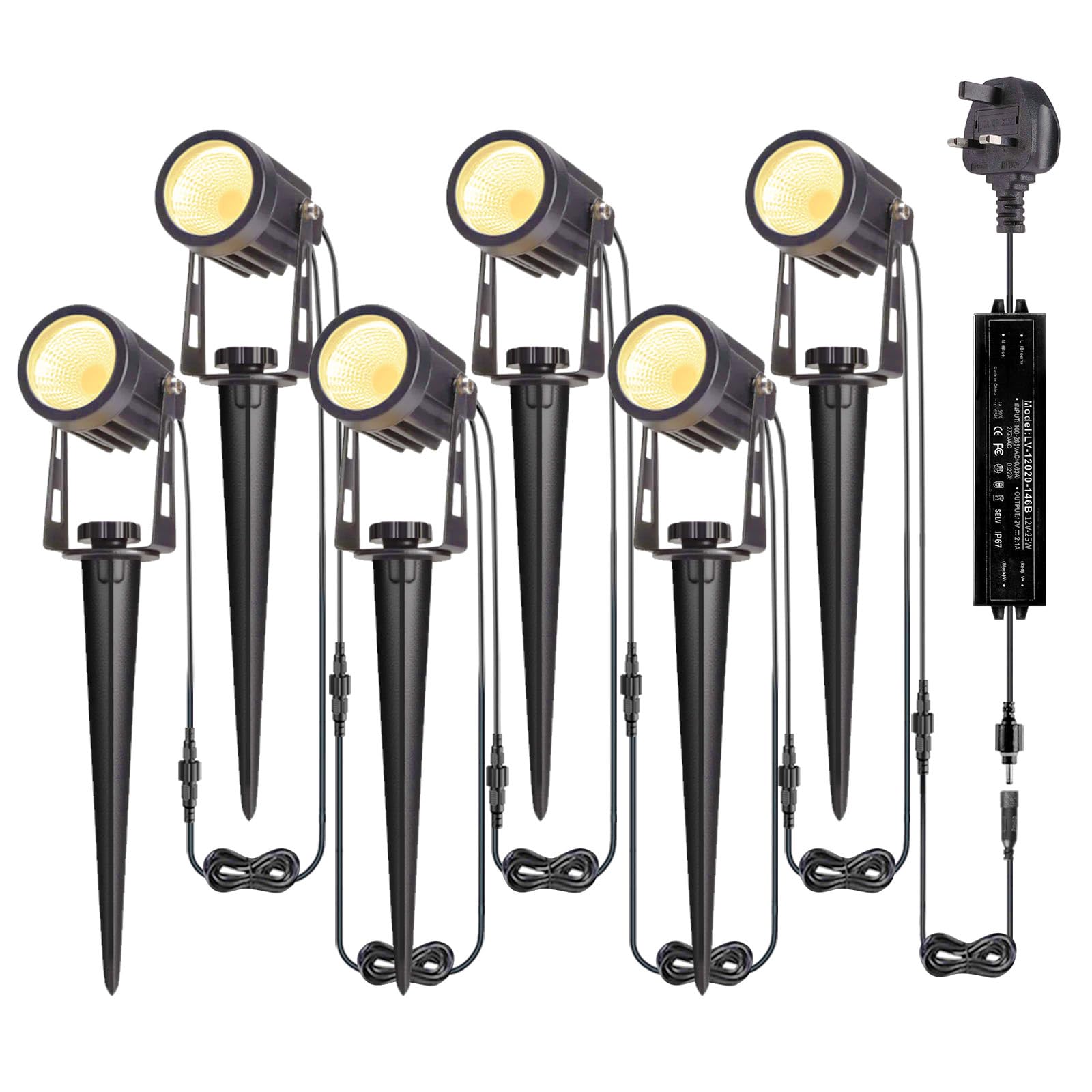 B-right Garden Spotlights Mains Powered, Upgraded Spike Lights Extendable to 12 Garden Uplighters,IP65 Waterproof 12V Low Voltage Outdoor Lights for Pathway Yard Landscape (6Pack,21M,Warm White)
