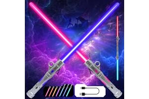 Gianby Kids Saber, 2-in-1 LED Dual Light Swords Set with 25 Color Changing Electronic Lights & 3 Modes FX Sound, Rechargeable Roleplay Toy (2 Pack)