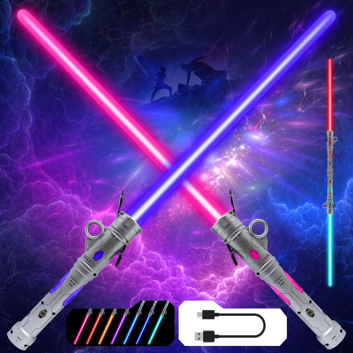 Photo 1 of Gianby Kids Saber, 2-in-1 LED Dual Light Swords Set with 25 Color Changing Electronic Lights & 3 Modes FX Sound, Rechargeable Roleplay Toy (2 Pack)