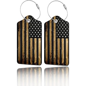 2 Pack PU Leather Luggage Tags for Suitcases - Wood American Flag | Privacy Protection Suitcase Bag Tag with Stainless Steel