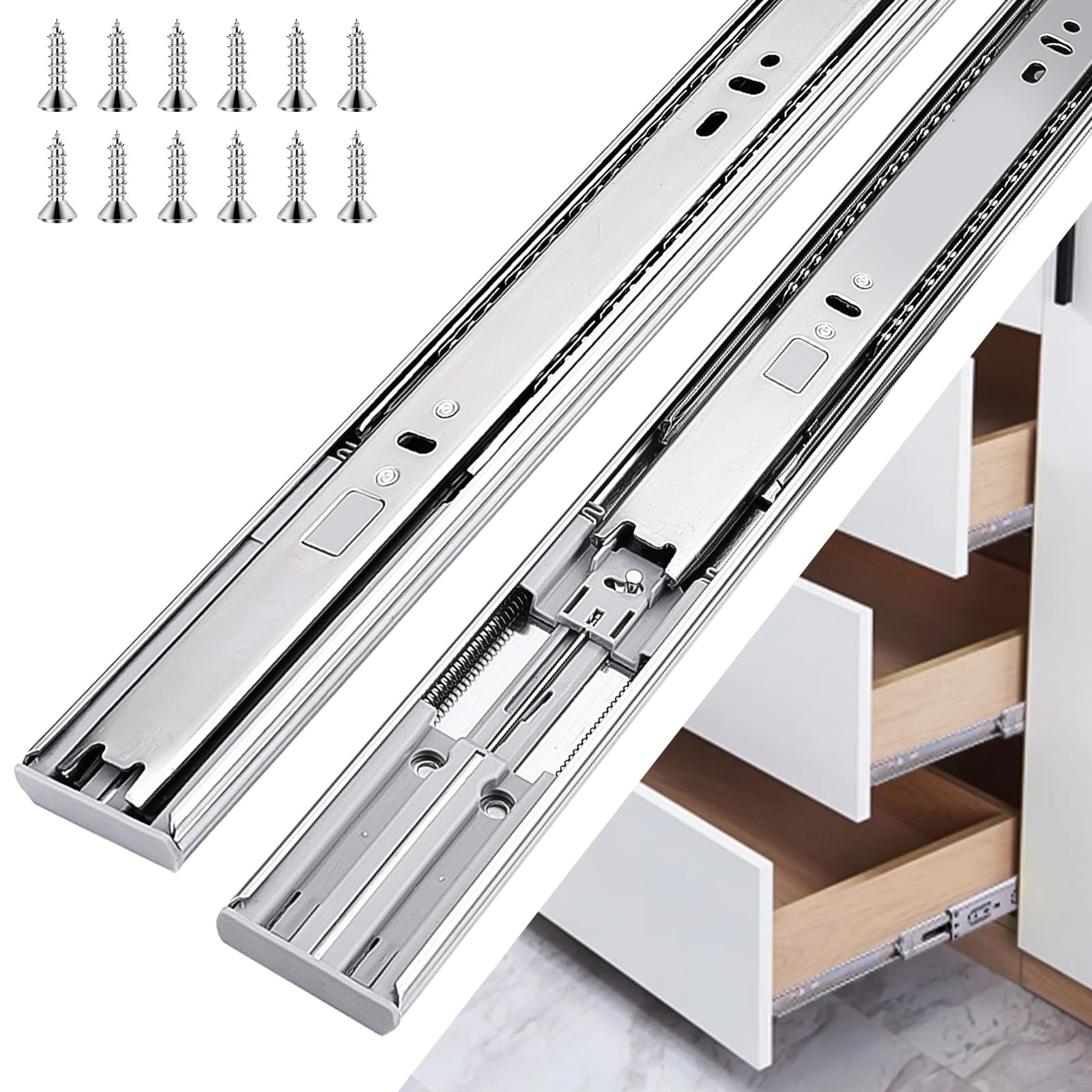 Photo 1 of 18 inch Drawer Slides 6 Pairs (12pcs) Soft Self Close 3 fold Full Extension Ball Bearing Cabinet Drawer Glides Side Mount for Dresser, Cabinet, Kitchen 100 LB Capacity 18" Silver
