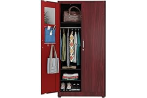 METALTIGER Metal Wardrobe Cabinet - Metal Storage Locker with Locking Doors | Armoire Wardrobe Closet with Doors (Reddish Wood Imitation)