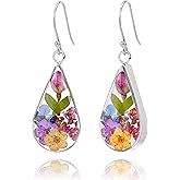 925 Sterling Silver Pressed Flower Teardrop Earrings,Hypoallergenic Women's Jewelry Gift for Mom and Wife,Handmade Natural Dried Flower Teardrop Earrings Jewelry Gift