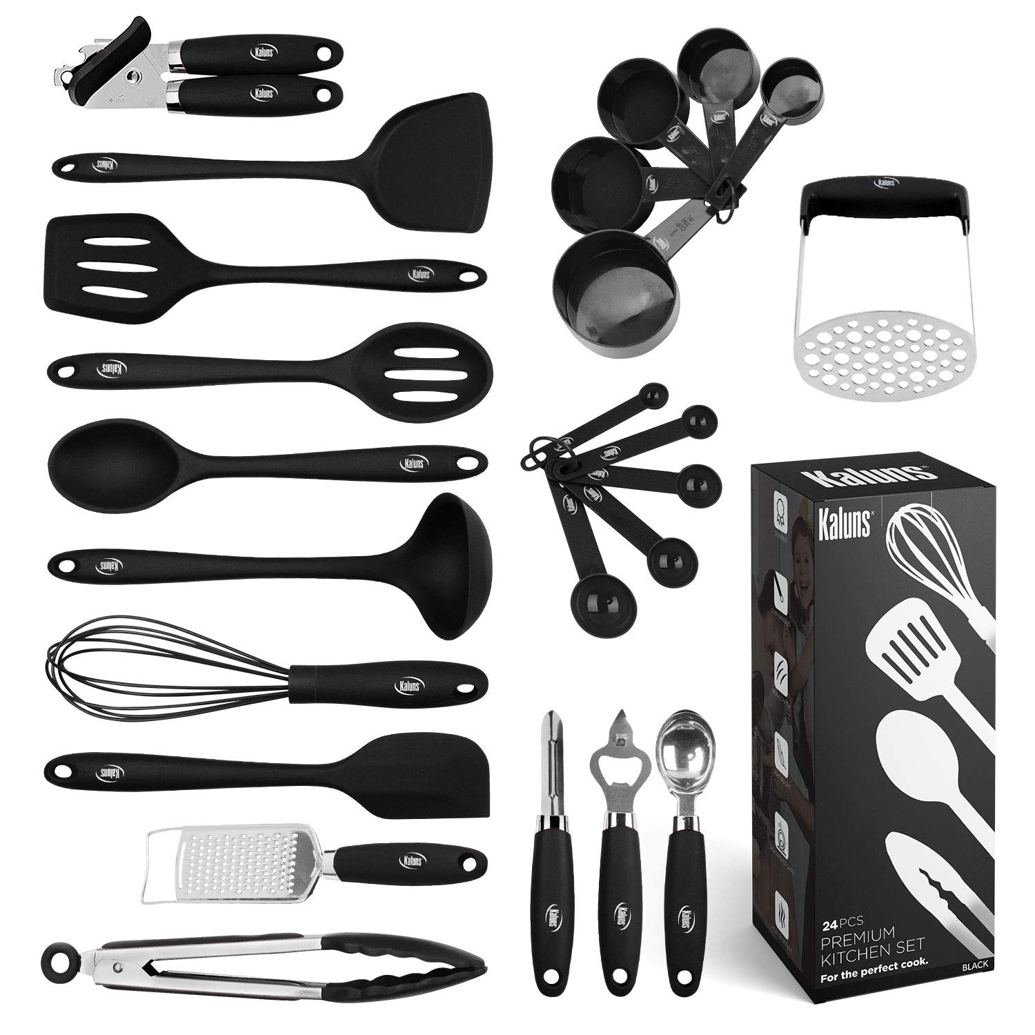 Kitchen Utensil Set, 24 Silicone Cooking Utensils, Non-Stick and Heat Resistant Kitchen Tools, Useful Cooking Gadgets (Black)