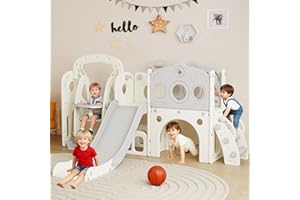 DOREROOM 9 in 1 Toddler Slide and Swing Set, Slide for Toddlers 1-3, Kids Indoor Outdoor Playset Playground with Basketball Hoop, Telescope