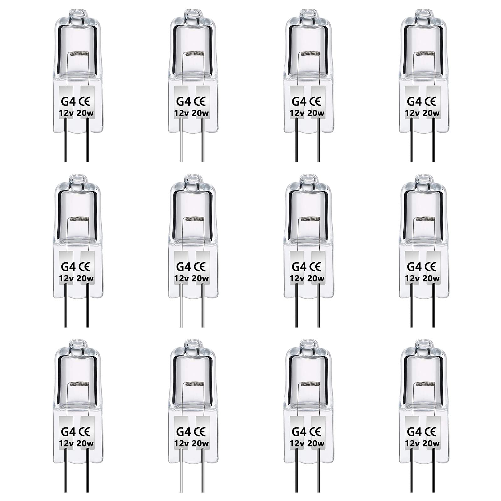 Caldarax 12 Pack G4 Halogen Light Bulbs 20W 12V Dimmable, Clear Capsule 2 Pin Lamp Bulb, 2700K Warm White, 280 Lumen, G4 Halogen Pin Base Bulbs, for Ceiling Light, Table Lamps, Cabinet Lighting