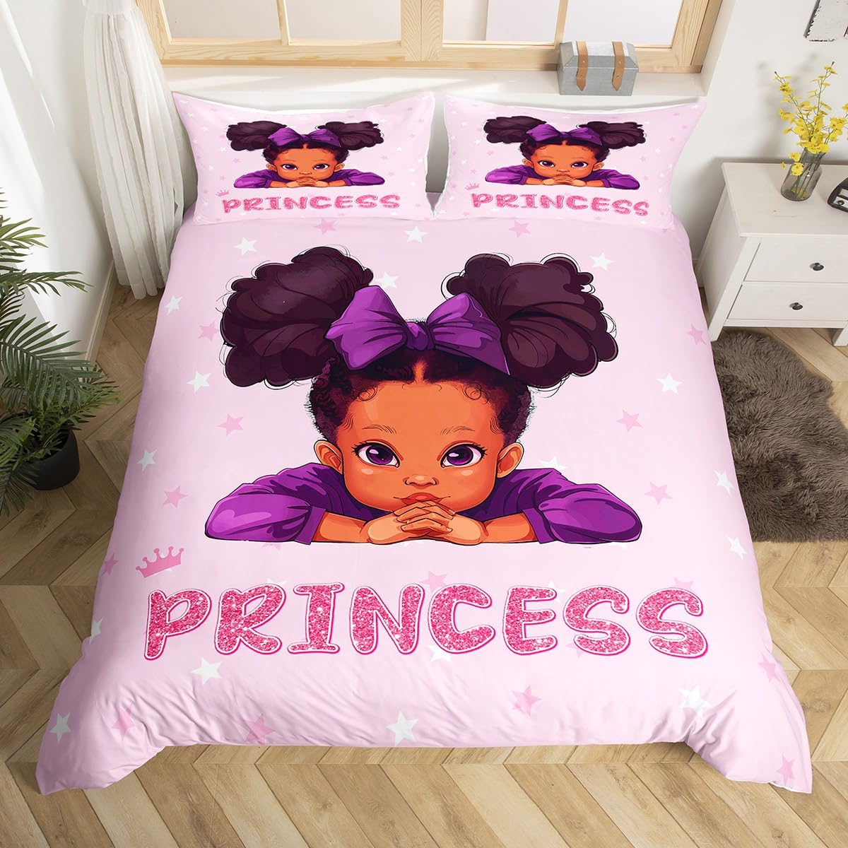 Manfei Princess Girls Duvet Cover Set King Size, African American Black Girl Bedding Set for Kids Bedroom Decor, Cartoon Pink Crown Stars Comforter Cover, Soft Polyester Quilt Cover, 2 Pillowcases — image 1