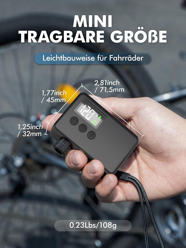 Mini Fahrradpumpe Elektrisch 120PSI Elektrische Luftpumpe Manometer Rennrad