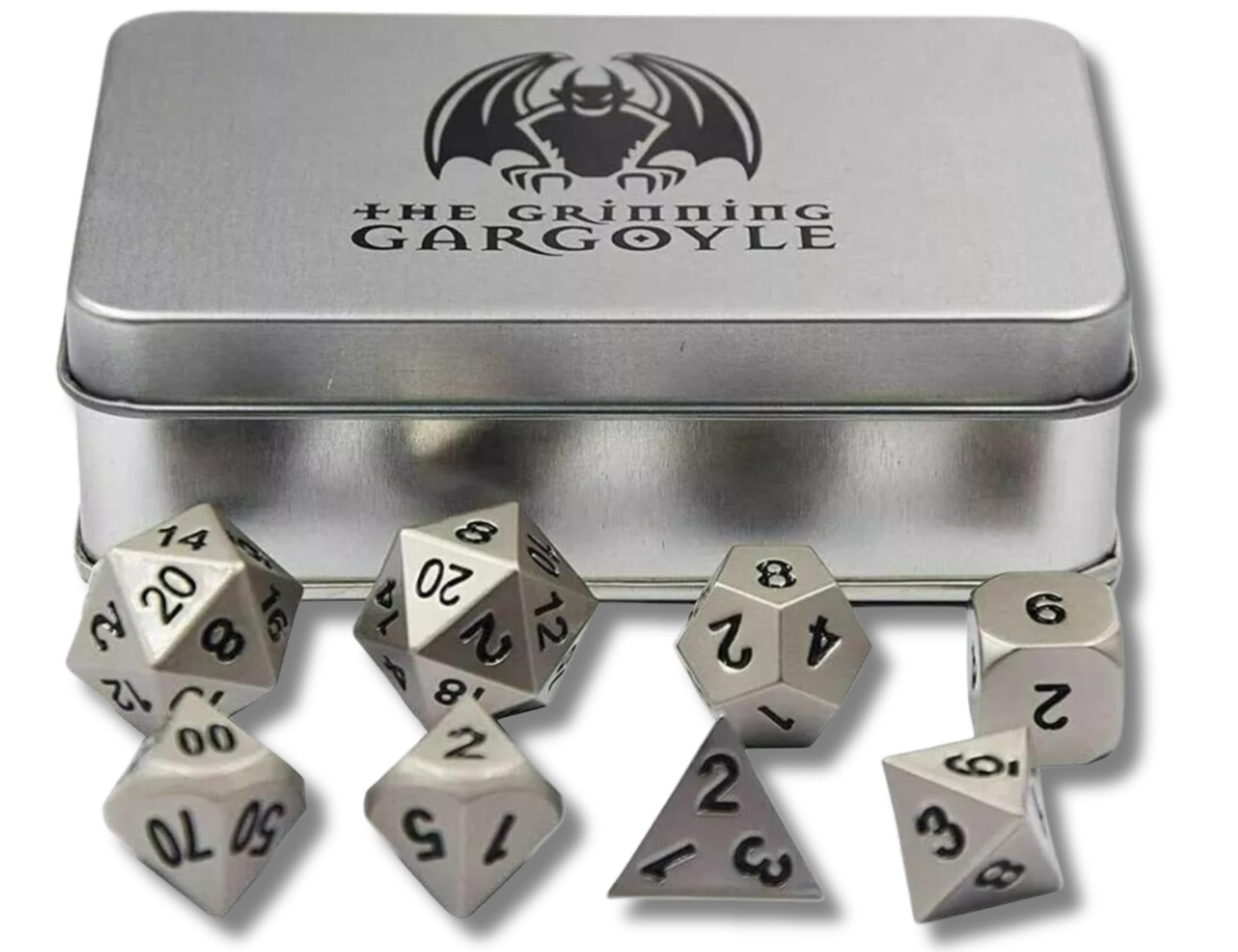 Metal Dice Set with Case - Easy Read DnD Metallic Die - Includes 2x D20 - Dungeons and Dragons Roleplaying Accessory - Antique DnD Metal Dice Set (Silver)