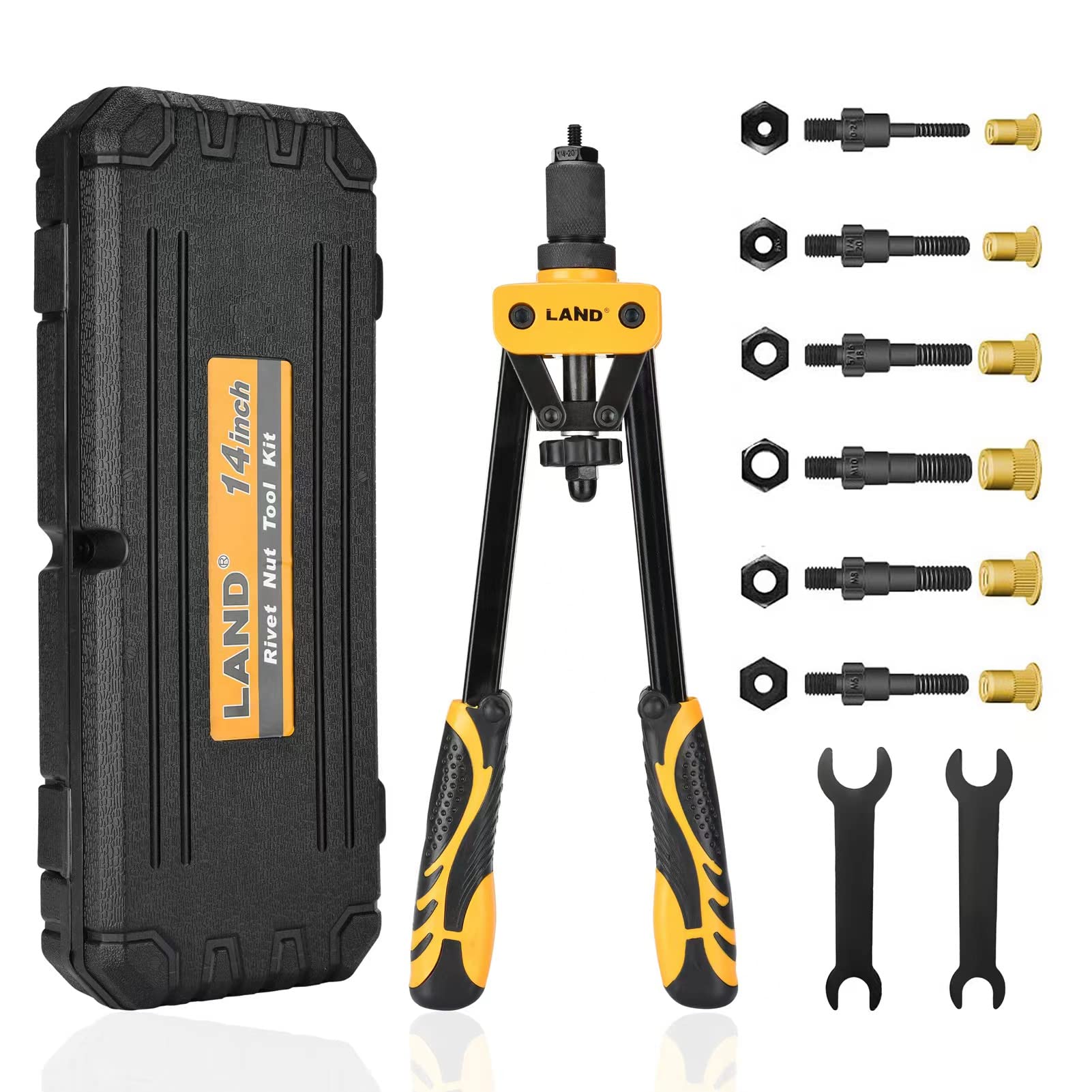 Photo 1 of LAND 14” Rivet Nut Tool,Hand Rivet Nut Gun,Heavy Duty Riveter,70pcs Rivet Nuts and SAE&Metric Manderls M6,M8,M10,5/16-18,3/8-16,2pcs 1/4-20,Threaded Insert Hand Riveter with Rugged Carrying Case