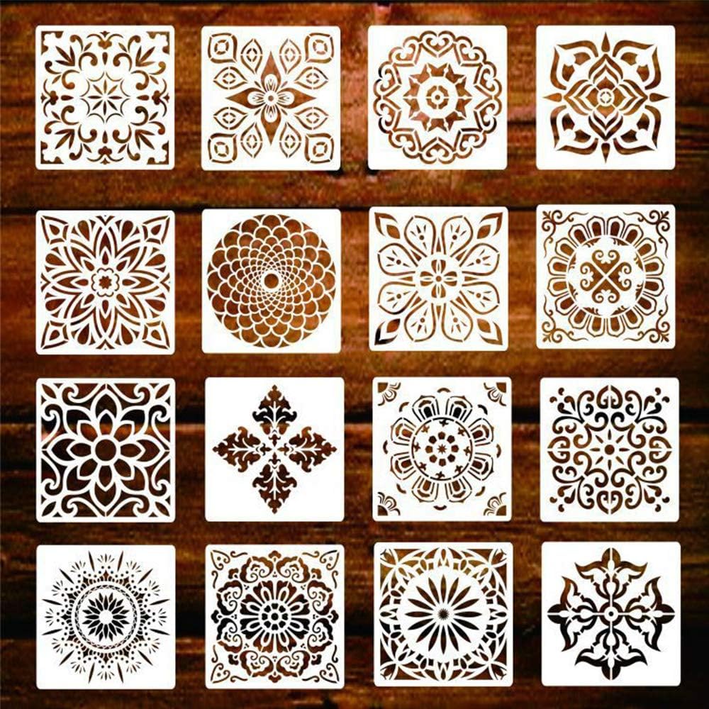 Mandala Schablone Set, 16 Stück Groß wiederverwendbare Laserschnitt Malschablone/Airbrush Vorlage,Mandala Dotting Schablonen für Wand/Stein/Holz Möbel/Malen Vorlagen Kinder(6x6 Zoll)