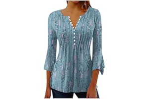 TANGNADE Women's 3/4 Sleeve Tunic Tops Pleated V Neck Blouses Dressy Casual Loose Spring and Summer T-Shirts