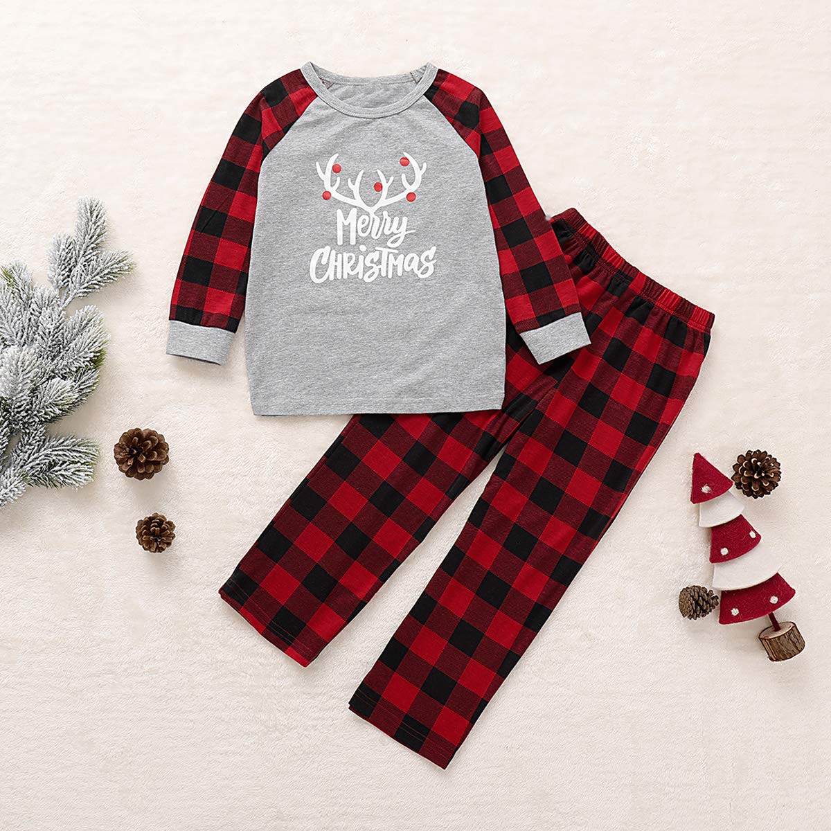 Happidoo Christmas Family Matching Pajamas Set Funny Deer Plaid Long Sleeve Tee and Pants Loungewear