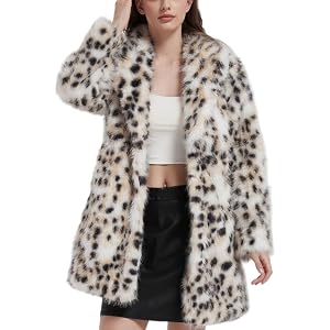 VANELORA Women's Faux Fur Coat 2026 Winter Length Vegan Fur with Lapel Collar, Soft Fluffy Leopard Print Outerwear for Women