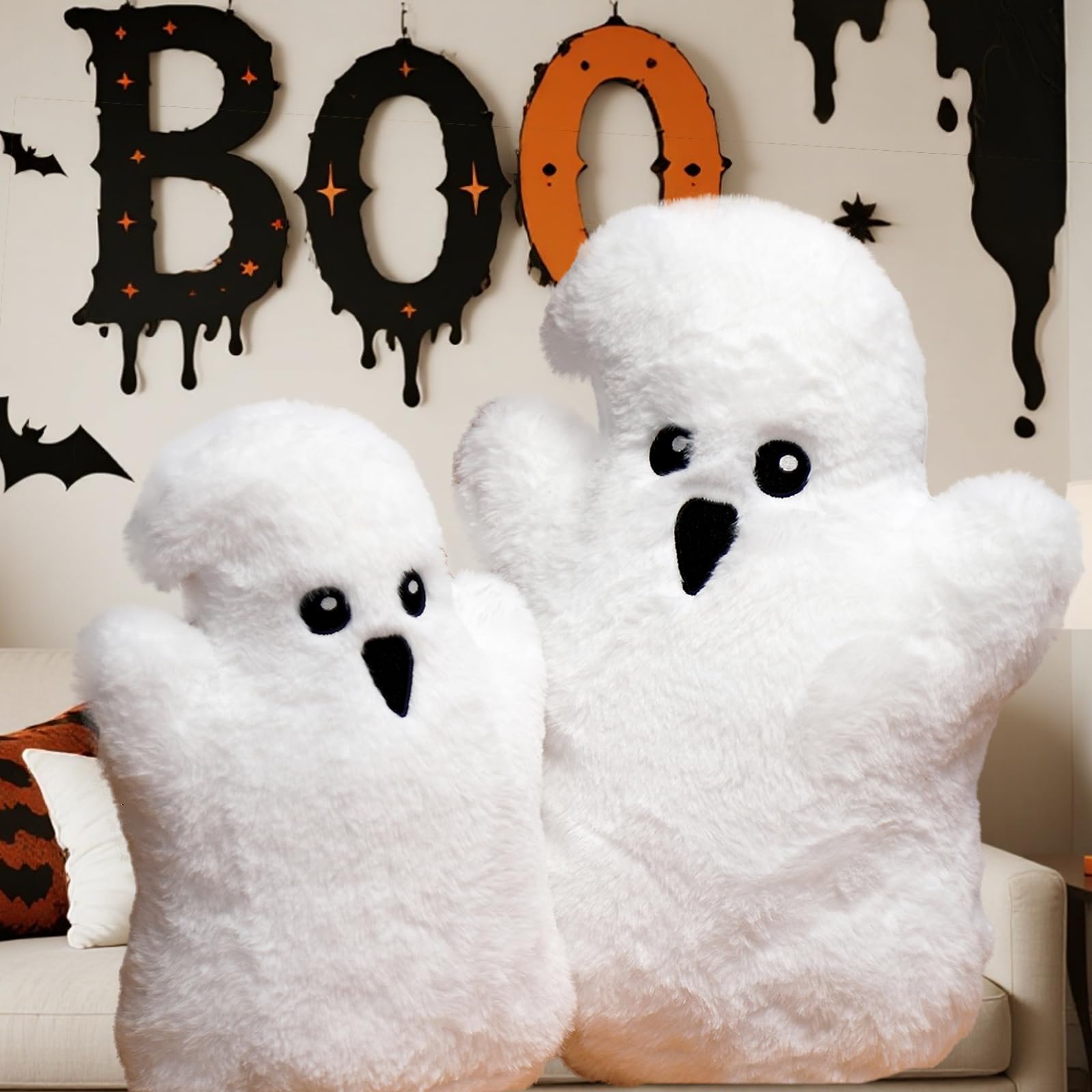 Photo 1 of YRXRUS Ghost Pillows, Halloween Ghost Shaped Throw Pillows Set of 2, Boo Pillows Room Decor, 10x13&7x10 Inches Soft Faux Rabbit Fur Cushion