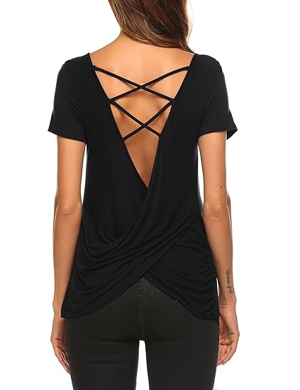 Parabler Damen Sommer Rückenfrei T-Shirt Sexy Oberteile Bluse Top mit Kurzarm