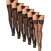 Janmercy 6 Pairs Thigh High Stockings Fishnet Stockings Lace Top Fishnet Lingerie Over the Knee Fish Net Stocking Tights High (Classic Style)