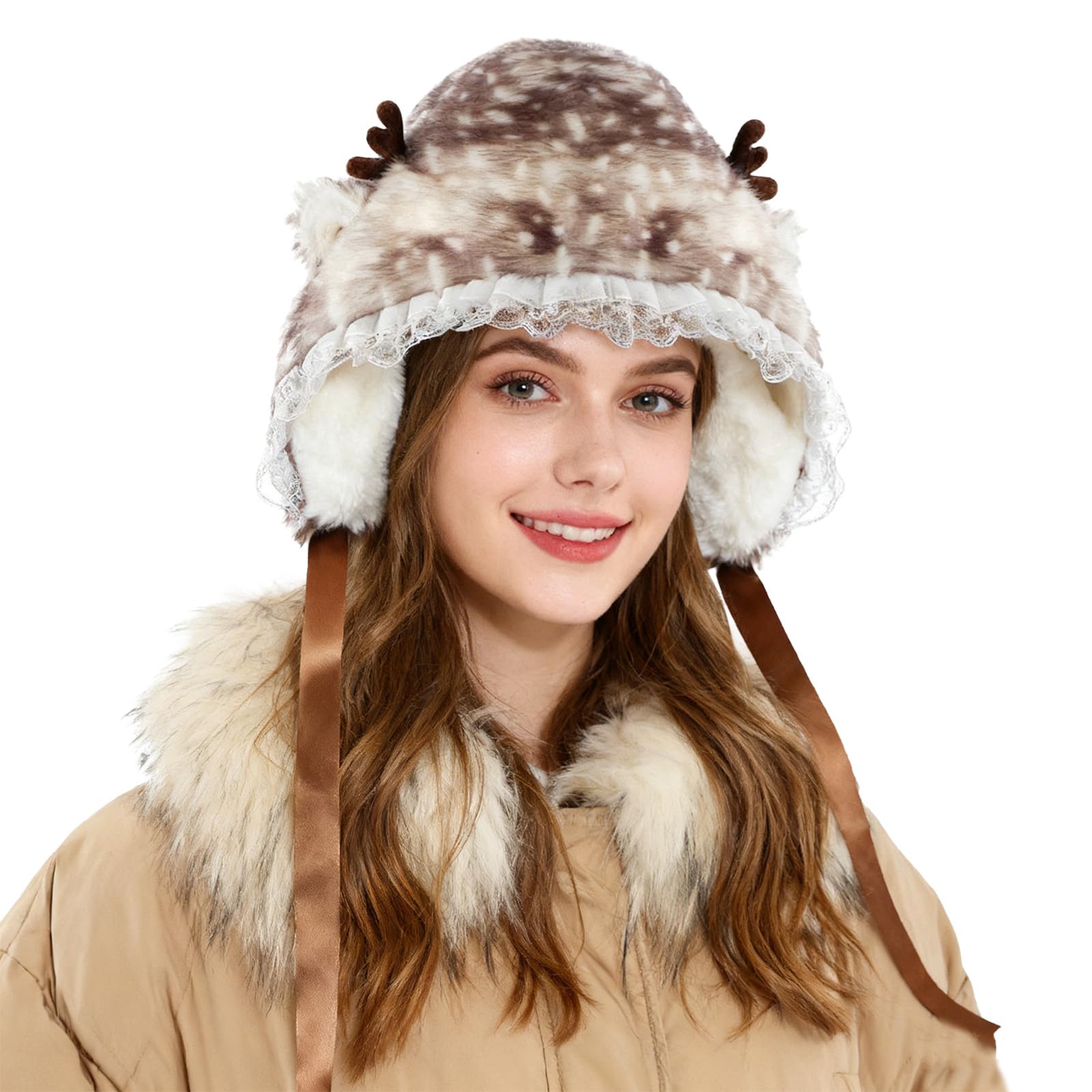 Faxianther Women Fuzzy Faux Fur Full Hood Cap with Reindeer Antler and Ear, Funny Moose Elk Costume Headwear Grey