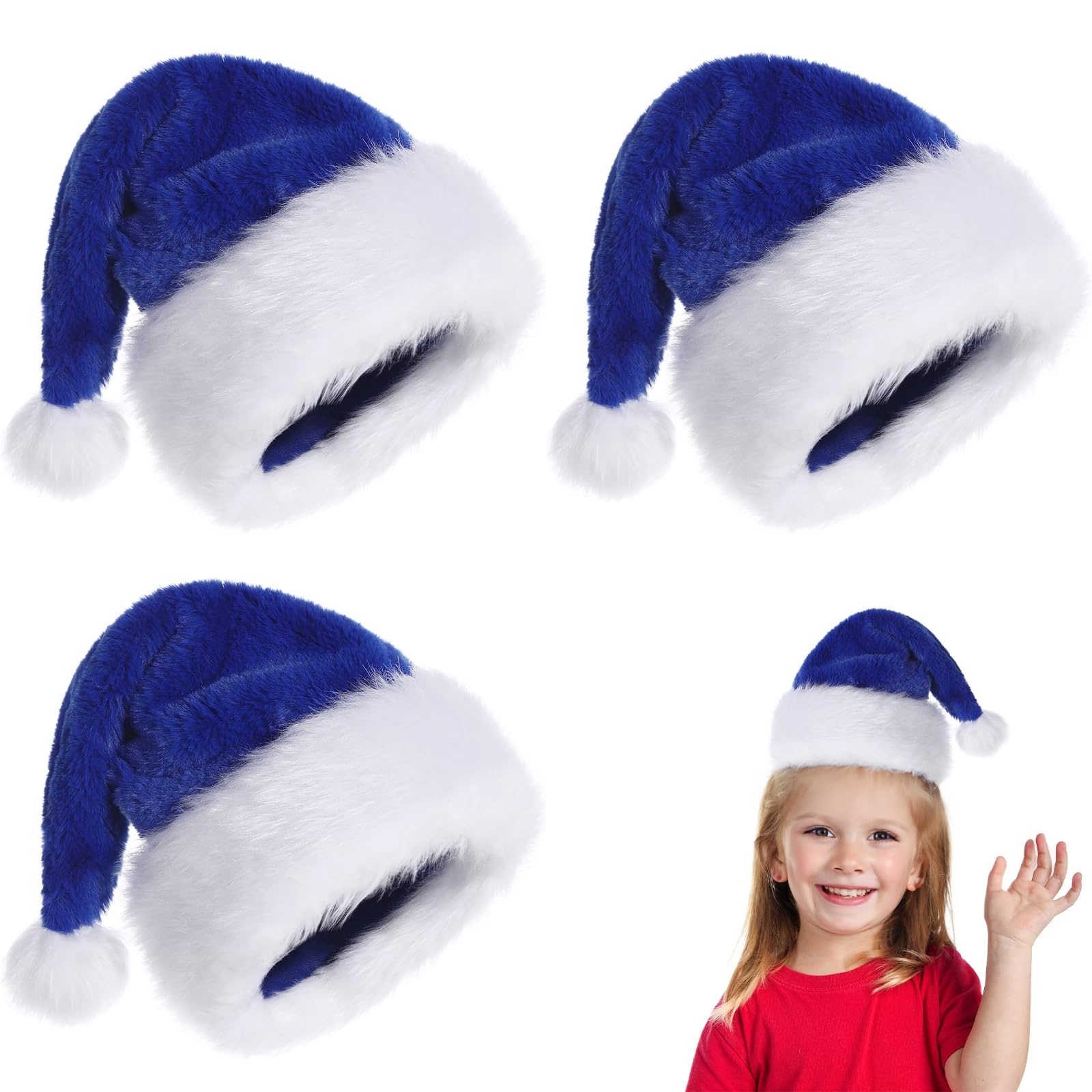 POPOYU 3Pcs Blue Christmas Hats for Kids,Luxury Santa Hats Plush Christmas SantaClaus Hat,Fancy Dress Santa Costume,Velvet Comfy Santa Outfit for New Year Xmas Party Supply,Thicken Fur Decoration