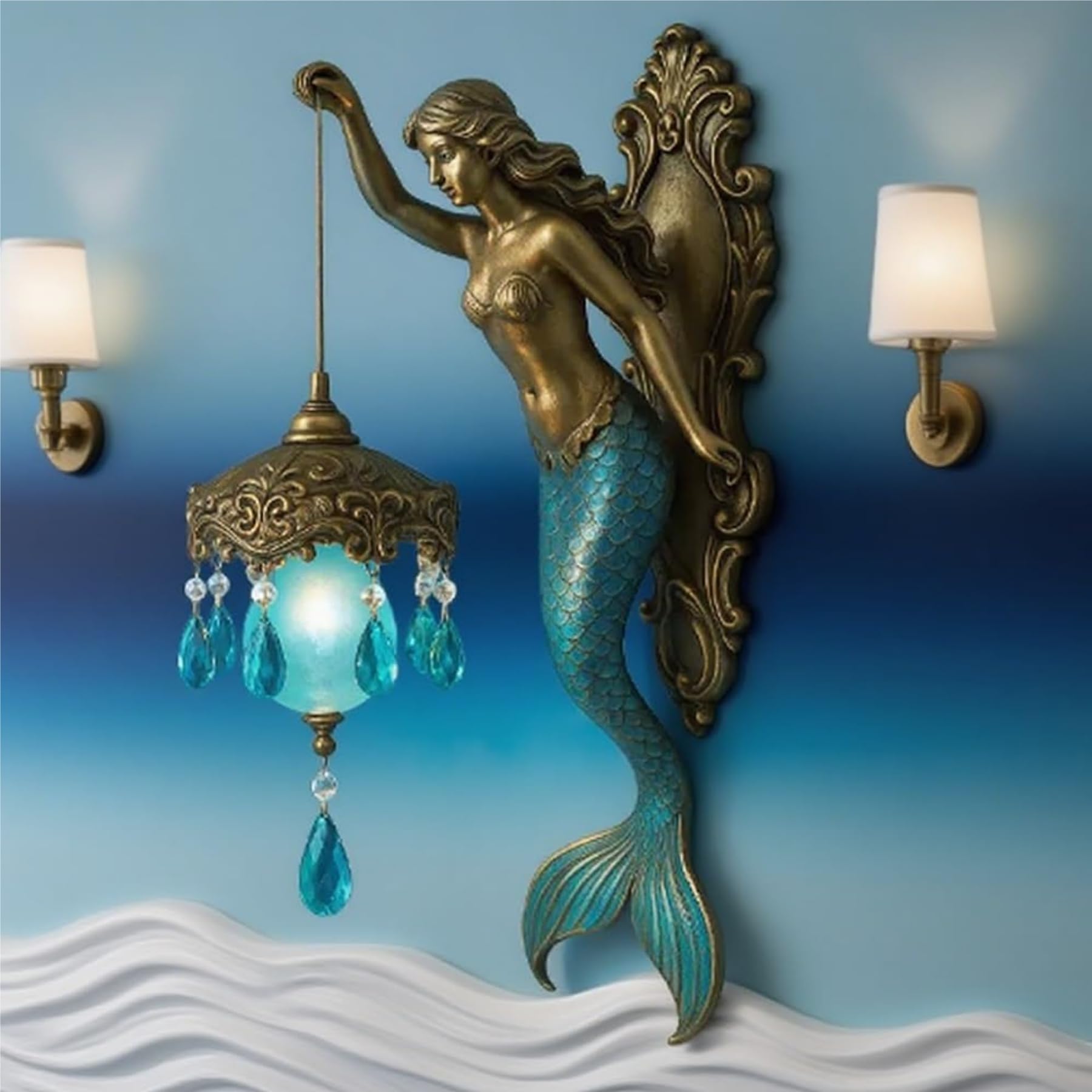 Photo 1 of 12 Inch Mermaid Wall Lamp, 12 Inch Vintage Ocean-Themed Mermaid Lamp, Graceful Dream Fixture Antique Bronze Bedroom Beside Lights,Base Design Night Light with Arm (12inch)