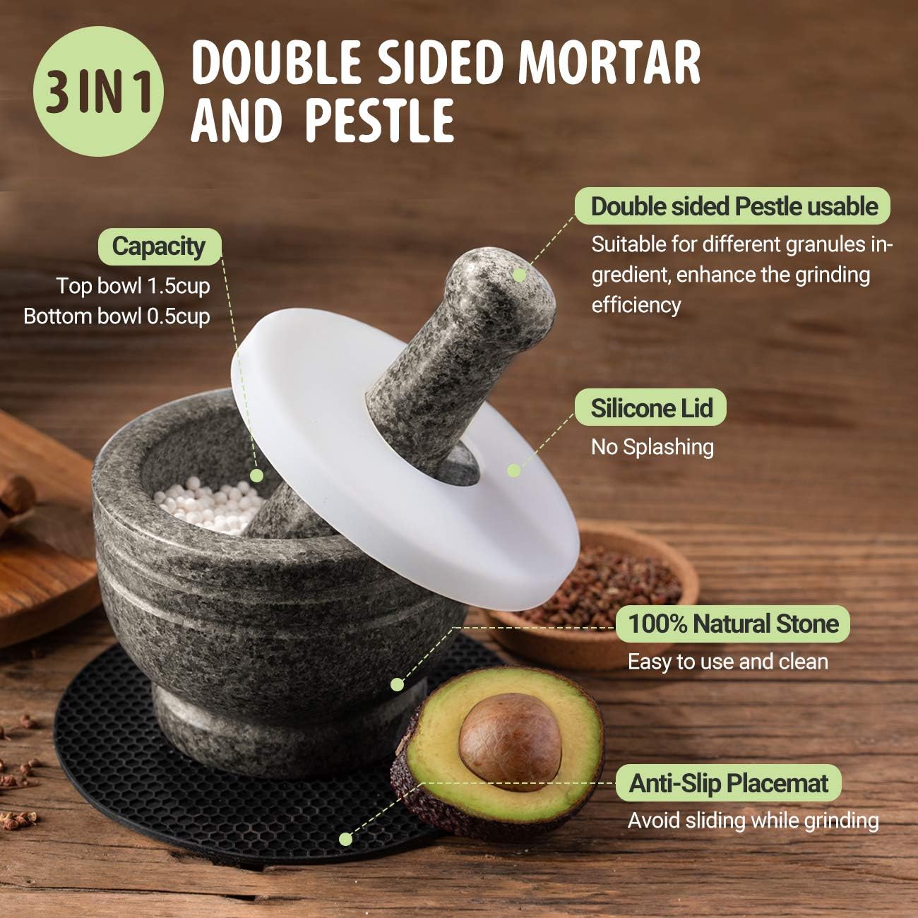 Tera Mortar and Pestle Set Granite Double Ended, 2 Cup-Capacity, Polished Natural Mortar and Pestle for Grinding Herbs Spices Making Guacamo: Kitchen & Dining
