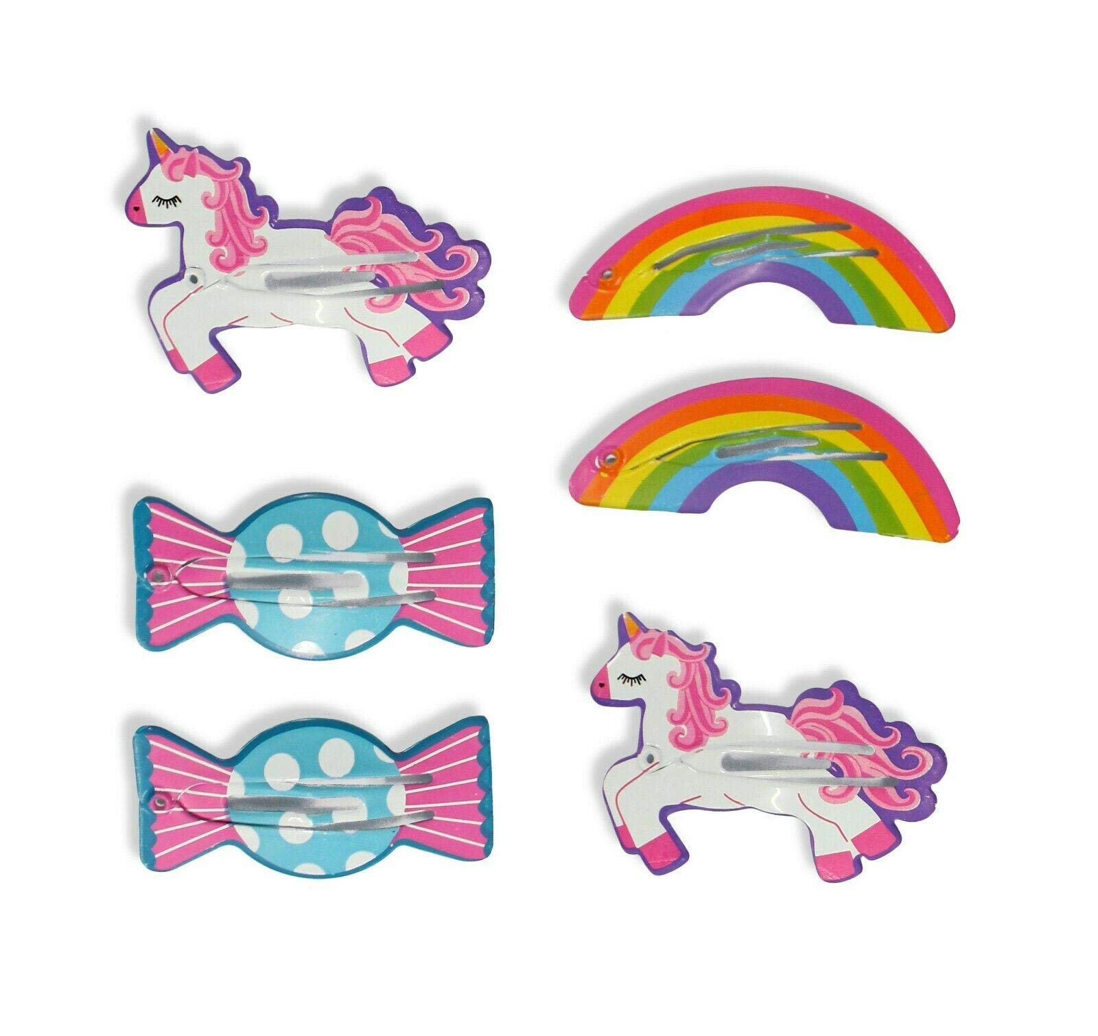 Kids Girls Bendies Sleepies Hair Snap Clip Slides - Novelty Design Set [Rainbow Unicorn Candy Set]