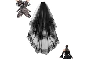 Black Lace Veil and Gloves Set - Floral Lace Bridal Veil & Headpiece for Wedding, Elegant Victorian Gothic Veil for Halloween