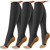 OUIVIAL 3 Pack Copper Compression Socks for Women&Men, 20-30mmHg Open Toe Knee High Support Socks for Varicose Vein,Running
