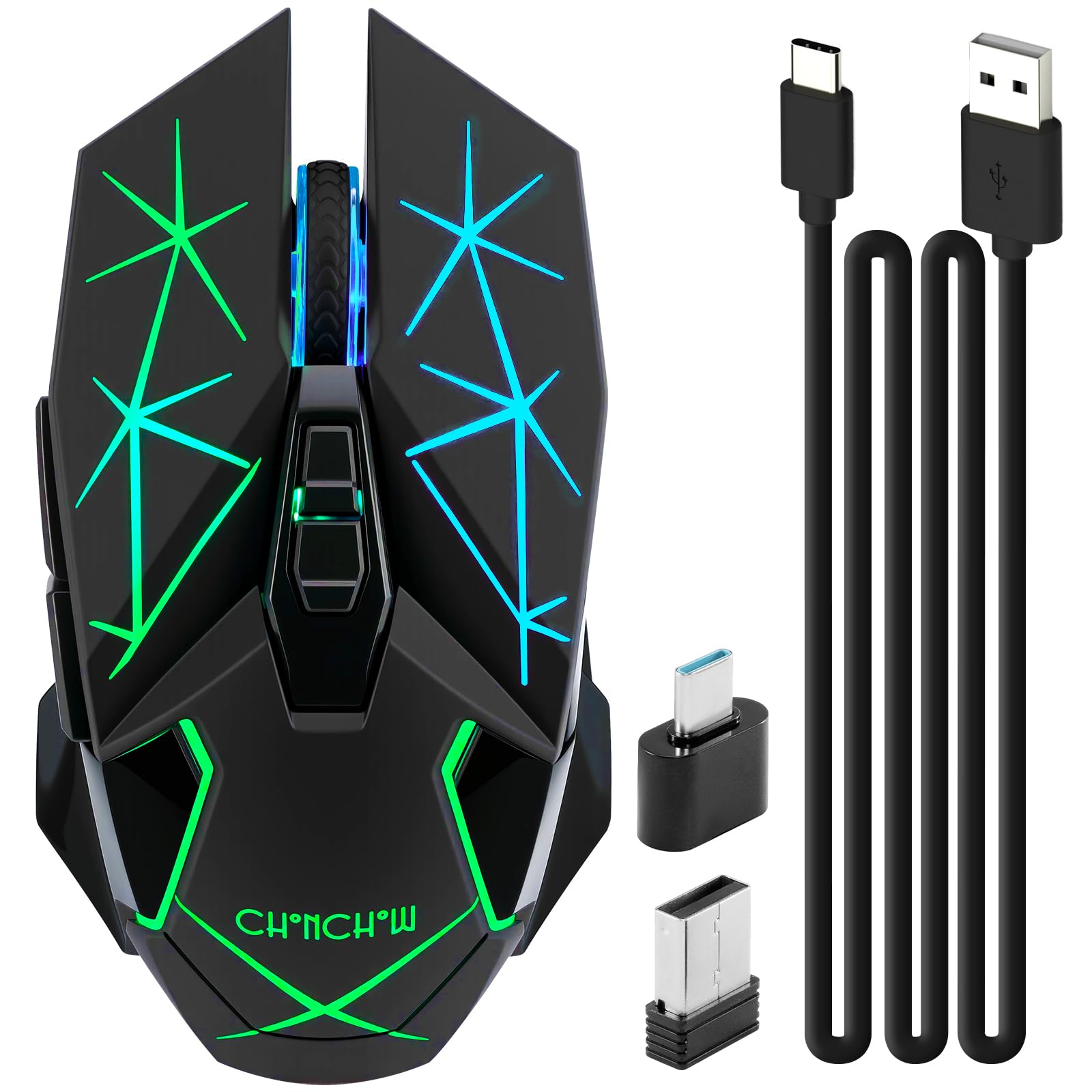 CHONCHOW Rechargeable Wireless Gaming Mouse, 7 Buttons, Up to 3200 DPI, RGB LED, USB-C, Side Buttons, 2.4G, Long Charging Cable,Compatible PC Laptop Win Mac Chromebook, Black