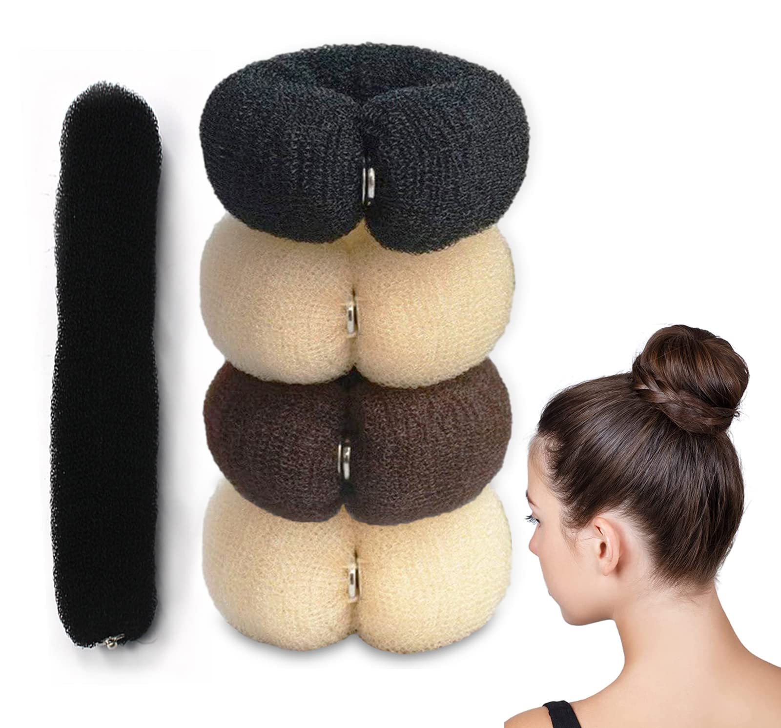 Srup Pack of 4 Bun Cushions, Large Doughnut Hair Bun Maker Set, Updo Accessories, Hair Doughnut Maker Set, Beige Hair Bun Donut, Doughnut Hair Updo Accessories (Black, Brown, Creamy White)