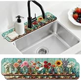 CONCHLERY 2 Pcs Kitchen Sink Splash Guard Faucet Mat Colored Glass Vases with Plants Pattern Faucet Mat for Sinks Roses Absorbing Drying Mat for Kitchen Bathroom, 23.6x5.5inch