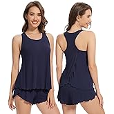 WiWi Pajama Set for Women Sexy Sleeveless Tops with Shorts Viscose from Bamboo Soft Ribbed Fabric Racerback Sleepwear S-XXL