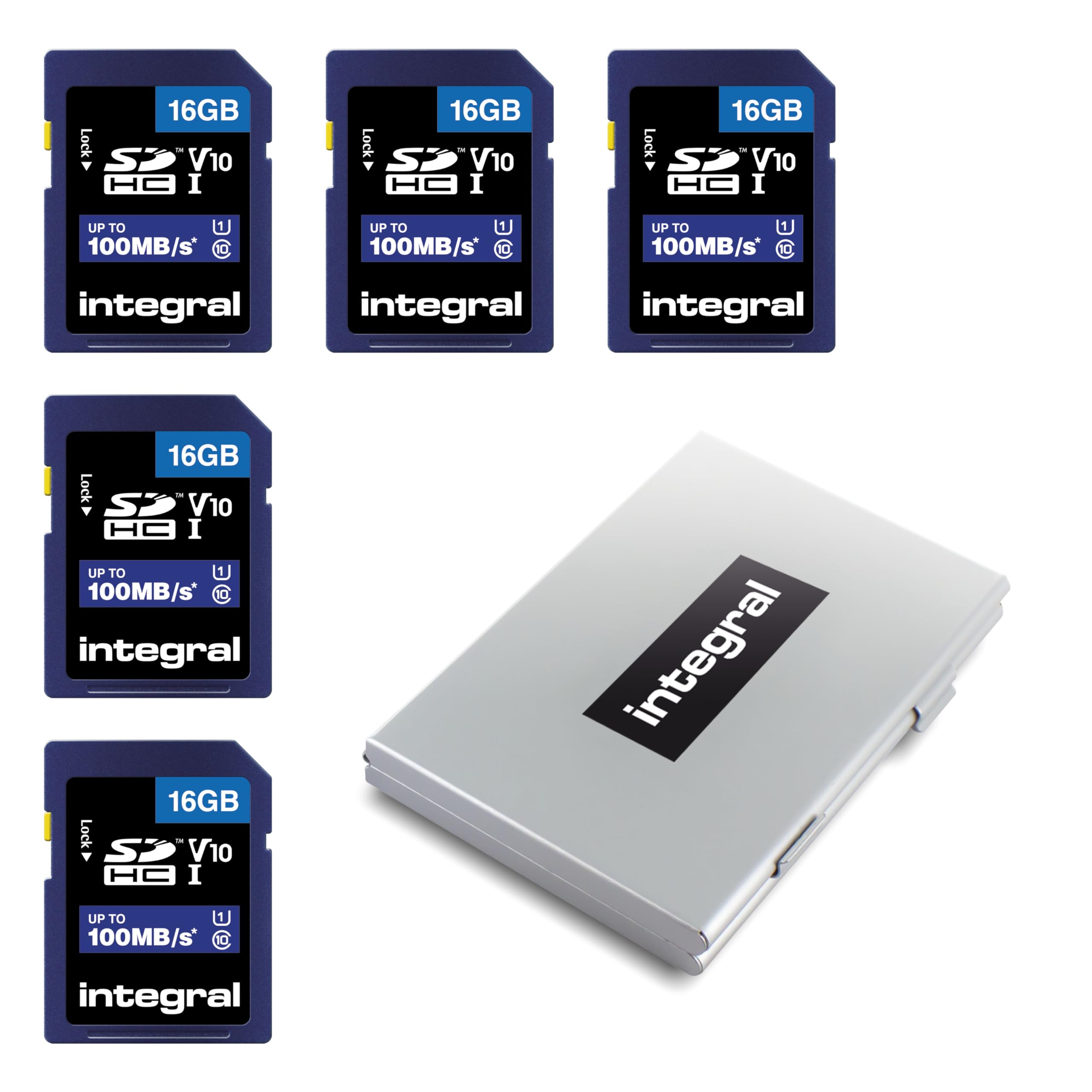 Integral 16GB SD 5 Pack card in a 6-slot protective metal card holder case High Speed memory SDHC up to 100MB/s V10 UHS U1