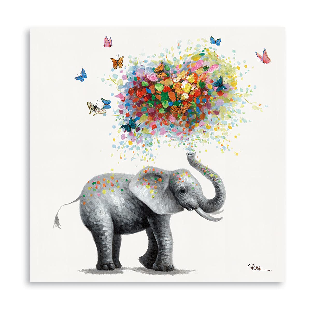 Yidepot Butterfly Elephant Wall Art Print: Colorful Heart Shaped Balloon for Kids' Nursery Wall Decor Canvas Framed Ready to Hang (30x30cm)