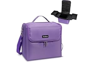 QUAFEREN Makeup Travel Train Case, Large Makeup Nail Polish Organizer Bag, 4 Tier Professional Makeup Bag Storage Box Cosmetic Train Case with Straps Pockets Luggage Belt for Nail Tools Makeup Brushes Purple