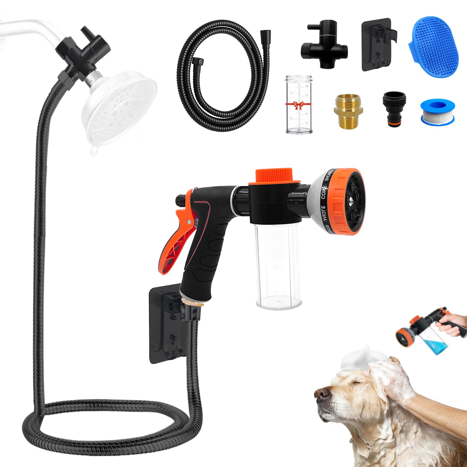 Photo 1 of ***(PARTS ONLY/ MAJOR DAMAGE/ NON FUNCTIONAL)***Dog Washing Hose Attachment for Pet Bathing with Black Shower Diverter, Pup Dog Wash Hose Nozzle Shampoo Sprayer for Indoor Outdoor Pet Shower, Dog Shower Attachment with Dog Brush