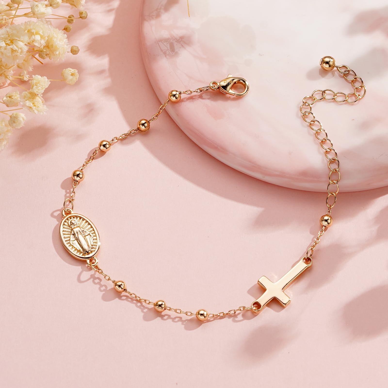 VULETO Catholic Virgin Mary Cross Bracelet Gifts for Girls Teens Women, Rosary Beads Charm Link Chain Bracelet Religious First communion Confirmation Baptism Jewelry Gifts