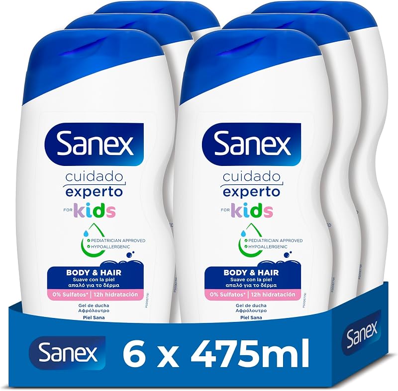 Sanex Expert Care Kids Shower Gel, Pack 6 Uds x 475ml, Gel para Crianças, Hipoalergénico, 12H de Hidratação, Dermatologicamente Testado, Aprovado pelo Pediatra