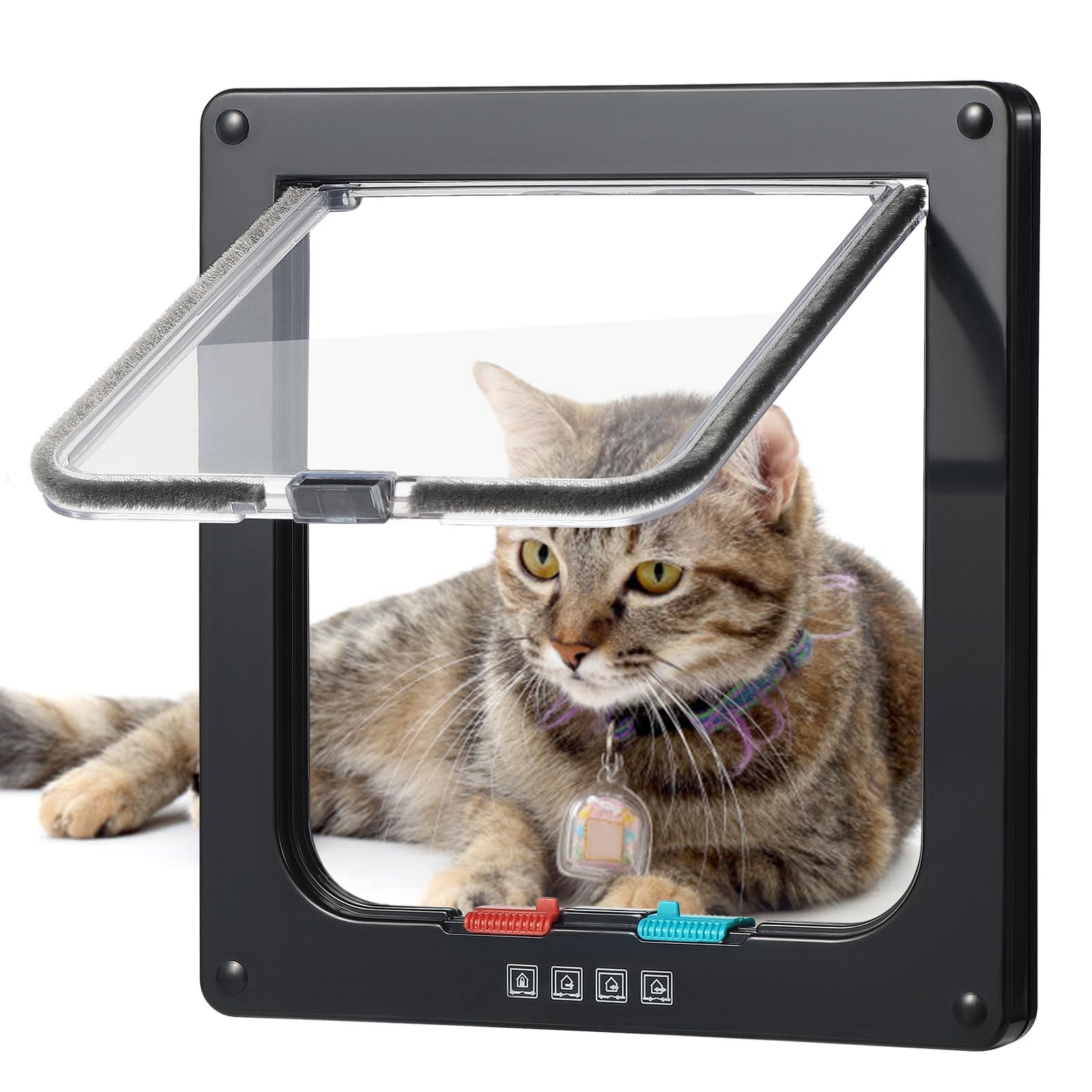 Roxanex Cat Door Large 20cm x 18.5cm Flap Easy to Fit for Windows Thin Door, Safety Pet Door with 4 Way Lock, Weatherproof Cat Flap for Cupboard Shed, Black