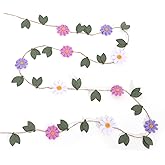Daisy Leaf Felt Garland - Spring Flower Birthday Wedding Decorations, Colorful Daisy Green Leaves Banner, Felt Floral Wall Hanging Garland, Garden Party Photo Props (Purple Daisy Leaf Garland)