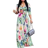 PinkPatty Women's Print Maxi Dresses 3/4 Sleeve Flowy Long Dress V Neck Wrap Tie Waist Sundress