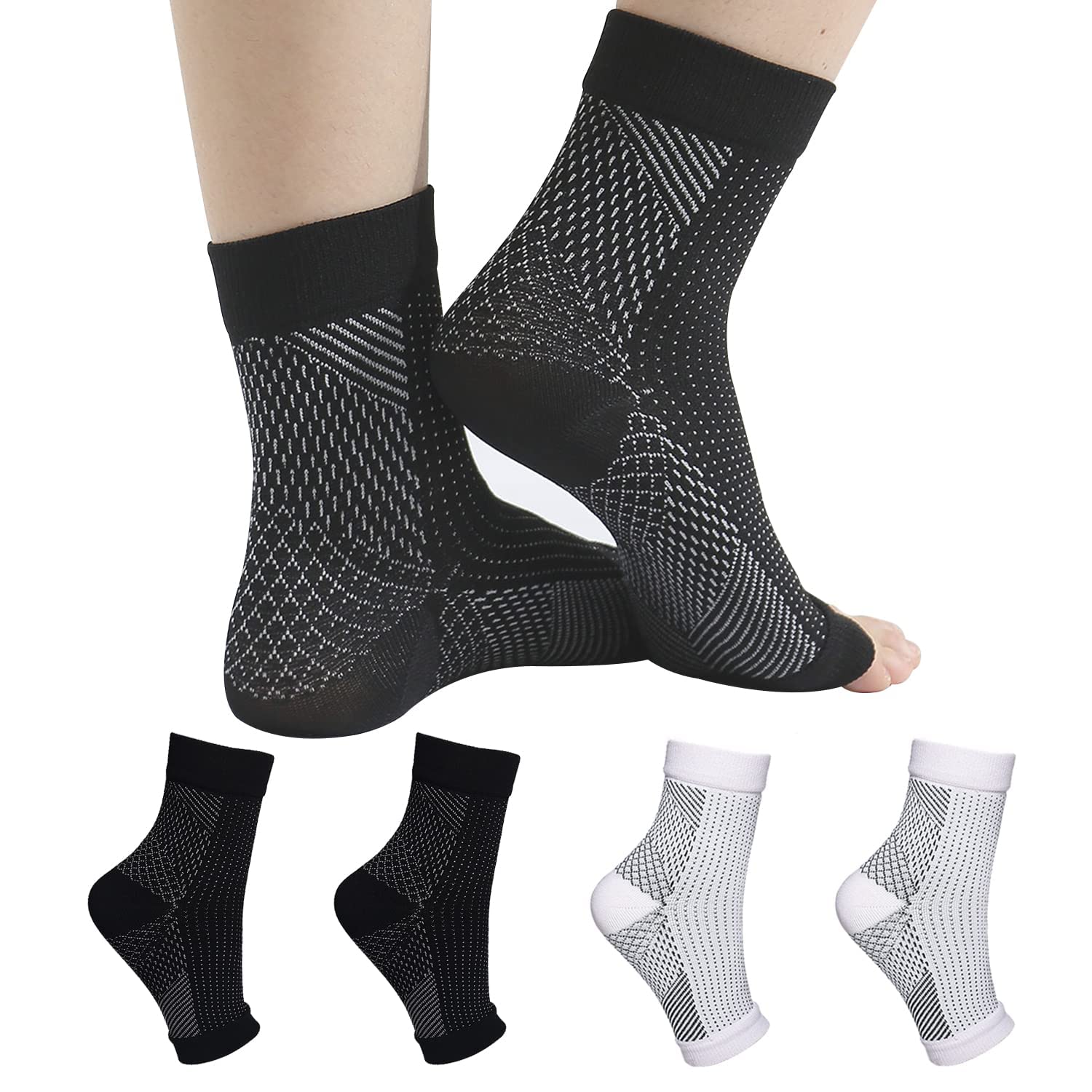4 Pairs Ankle Support Compression Socks, Ankle Support Brace for Men and Women, Fit for Feet Size 5-9, Black&White