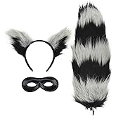 PATURPINT Halloween Costume Raccoon Set, Black and White Furry Ears Headband, Tail with Eye Mask, 3-Piece Dress Up Accessories