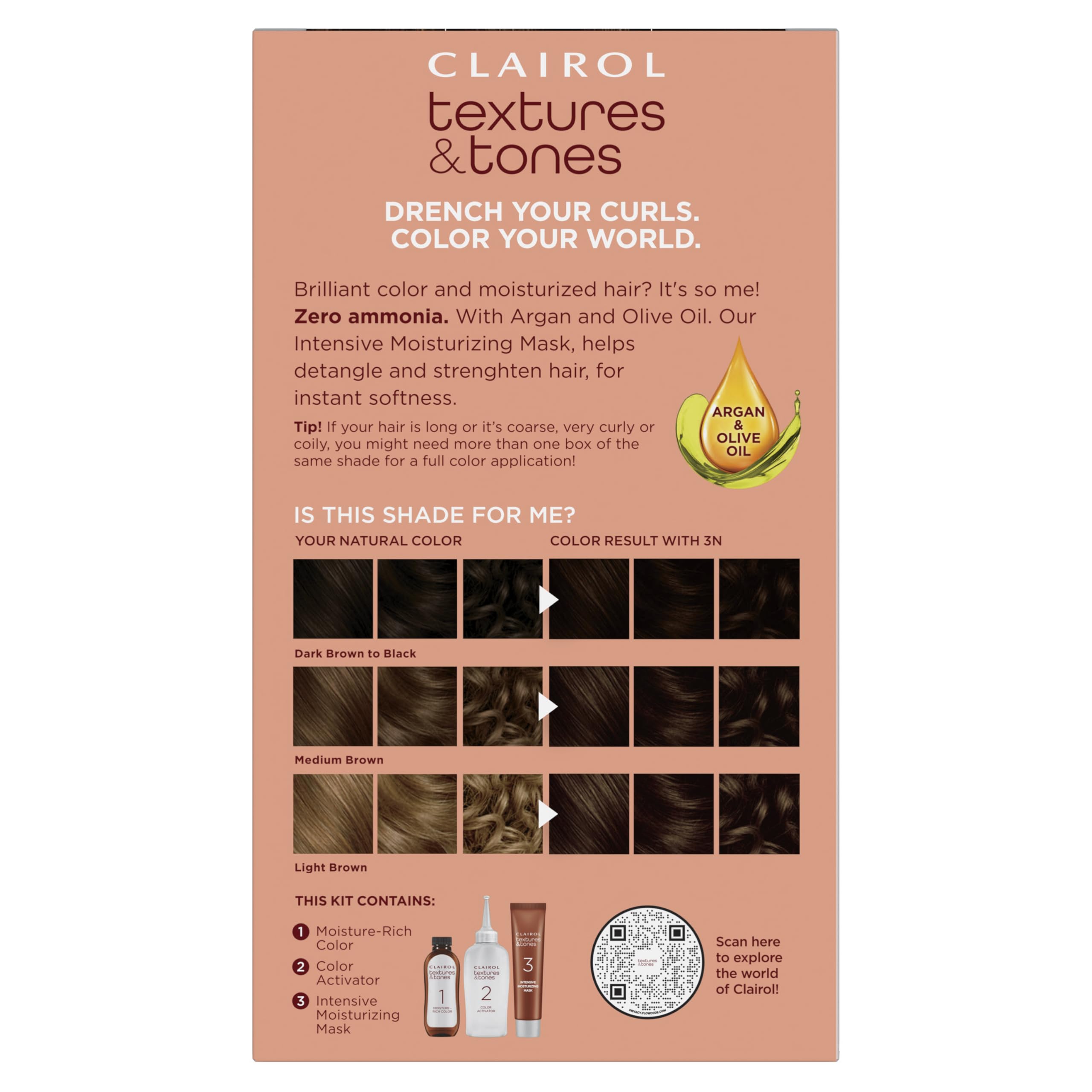 Clairol Textures & Tones Permanent Hair Dye, 3N Cocoa Brown Hair Color, Pack of 1