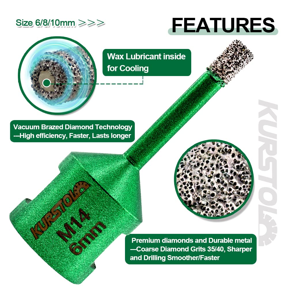 Diamant Fliesenbohrer Set - KURSTOL Diamantbohrer 6/8/10/20/32/35/55/68/100MM+20MM Fingerfräs Bit+50MM Fasenbits+125MM Trennscheibe+Dreiecks Adapter für Porzellan Keramik Fliesen Granit Marmor 7