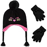 Toddler Girls Earflap Winter Hat and Gloves Set Kids Cat Beanie Fleece Lining Pom Pom Skiing Knit Caps Gift for Ages 3-7