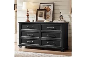 SAVOR LIFE Farmhouse 6 Drawer Dresser for Bedroom, 54 inch Wide Rustic Vintage Chest of Drawers with Square Solid Wood Legs, Large TV Stand for Living Room, Wooden Storage Dressers for Hallway, Black